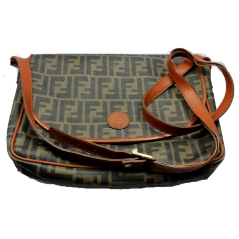 Authentic! Fendi Brown Logo Leather Flap Mama Zucca Handbag Purse​